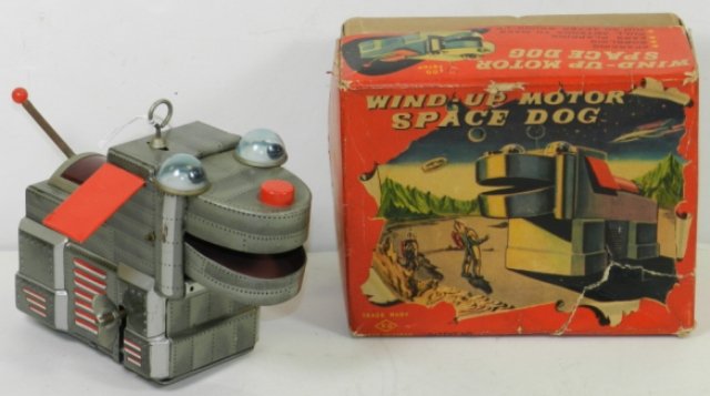JAPANESE WINDUP SPACE DOG W/BOX: From KO Japan with the original box. Strong mechanism. Fully functional with sparkling light. Silver version.