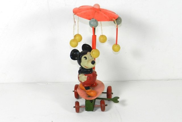 PRE-WAR JAPAN MICKEY MOUSE WINDUP WHIRLY: Celluloid Mickey Mouse. Some parts of the whirly are missing, but the gig still spins, with a great mechanism.