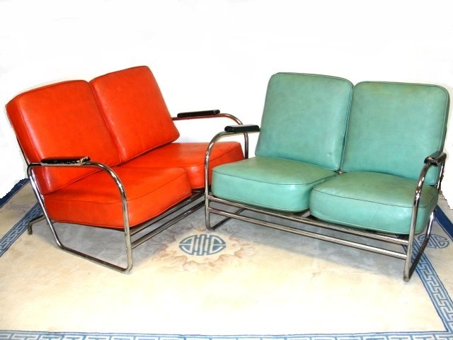 Vintage Machine Age Royalcraft Settee's: Pair of machine age modern settee's from the 1940s, with green and reddish color seat, with Royalcraft paper labels. Condition cushions feel tacky need a good cleaning, light surface rust on frames. H