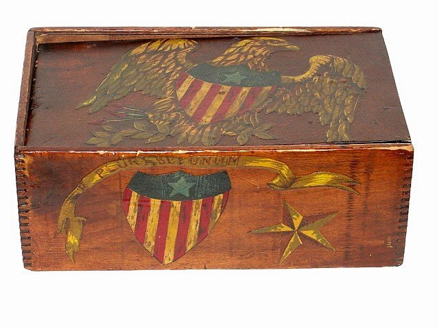 Americana Pine Painted Candle Box: Tapered box with slide out top decorated with American Eagle, Flag, Drum and more. Condition very good with some shrinkage to top which now is a little short to slip back into grove track inside box. 