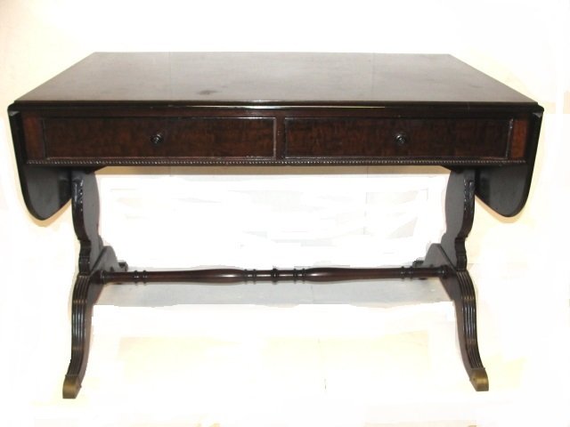 Mahogany Berkey & Gay Drop Leaf Sofa Table: In the traditional Duncan Phyfe style lyre base with burled veneer banned top. Condition overall good, old varnish with allegation on top, chip on top veneer, piece of bead molding missing off drawer.