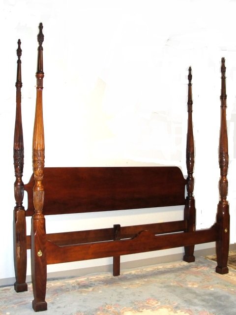Carved Mahogany King Size Four Poster Bed: Sheraton style poster bed rice pattern reeded post with removable finials to adapt a canopy. Could not find makers name, quality bed from home filled with Baker, Kittenger and Hinkle Harris furniture.