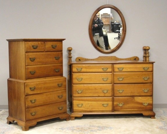 Stickley Cherry Valley Five Piece Bedroom Set: Cherry Valley Collection. Suite includes, chest on chest, dresser with round mirror, one drawer night stand and short four poster bed with wood side rails. Condition very good, minor light scuff marks