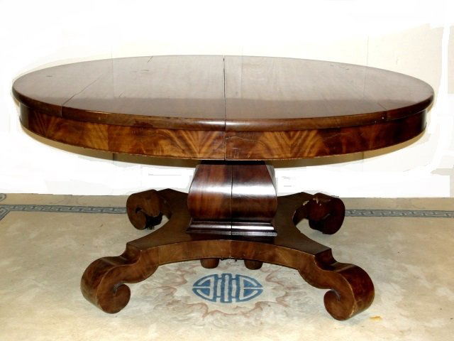 Empire Mahogany 60'' Dining Table W/5 Leaves: This table along with lot 421 came from the famous Hanna House and featured in one of there Home Journal Magazine's. Ca.1890s Empire 60'' round dining table with 5 leaves '' will take more'' with spli