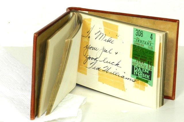Loaded Autograph Collection: Mid-1940's Autograph Book featuring Pilots, Sportsmen, Drivers and Actors. Highlights include Augustus Post, Earl Ortman, Pat Partridge, Otto Graham, Mac Speedie, Ted Williams, Tris Speaker, Johnny We