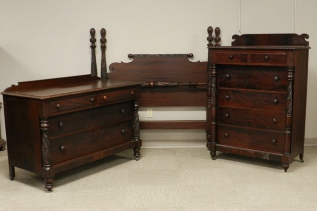 Berkey & Gay Empire Mahogany Bedroom Set ca. 1850: Remarkable Empire flamed mahogany. Mid-19th century. Pineapple finials, acanthus carved. The double bed headboard is 59" tall. Gentleman's chest is 38" X 22" X 55-1/2". Dresser is 54" X 25" X 38" Stun