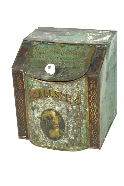 Phil Becker & Co. Tin Advertising Bread Box: Much of the decals, original paint and advertising is visible yet much loss as shown. Fair 10"h x 9"w