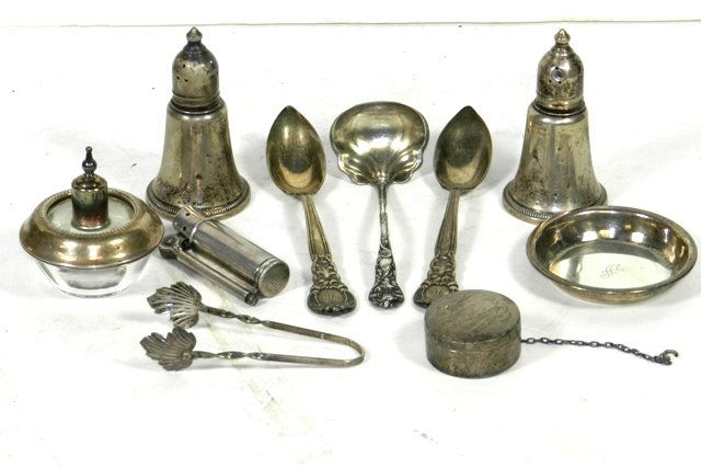 10 Piece Sterling Silver Collection: Including: Dunhill Light, Salt & Pepper, Compact, Sugar Tongs, 3 spoons, lighter & ash tray comboÂ