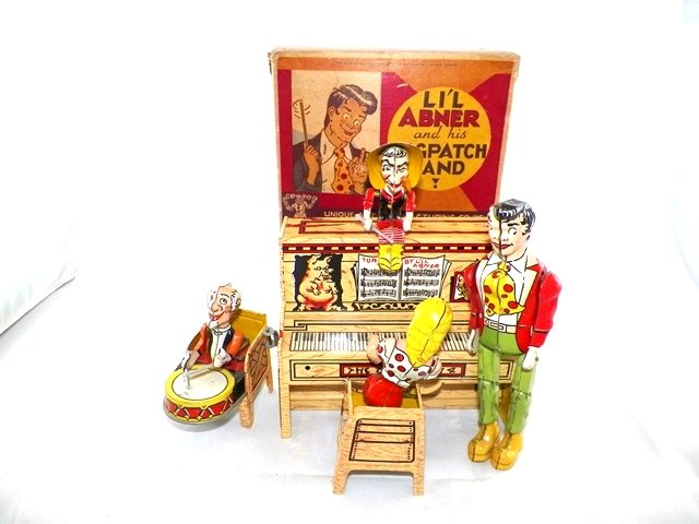 UNIQUE ART Tin Windup LIL ABNER DOG PATCH AND MIB: All original and complete With Original Box Near Mint