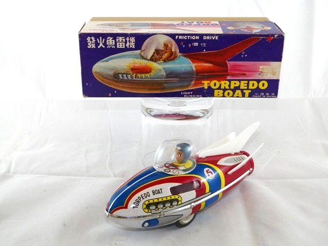 RED CHINA Tin Friction TORPEDO BOAT SPACESHIP MIB: 1960-70s New Old Stock in Original Box