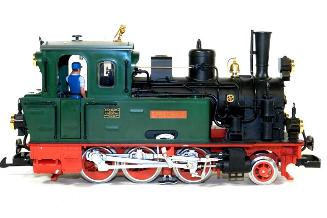 LGB 2074 Spreewald Steam Engine: LGB 2074 Spreewald Steam Engine. All original with original box. Shows signs of very light run-time. Plastic brass stack on cab is broken.