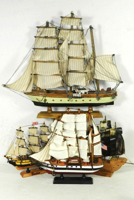 Four Vintage Model Sailing Vessels: Four vintage model sailing vessels including the German "Gorch Fock" model of the famous training sailing ship. Wooden sailing vessels with canvas and bone sails. Vessels measure approx. between 19"w