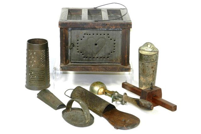 Collection Of Primitive's: A nice collection of primitive kitchen tools including various graters, ice cream scoop, and warmer box.