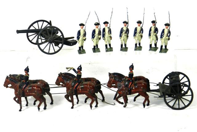 Collection of English Lead Soldiers: Collection of 7 painted English lead soldiers, cannon, and horse drawn carriage. Age appropriate conditions with paint chipping, missing riders on carriage and horses. AS IS.