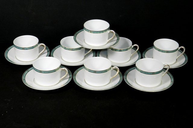 Bernardaud Limoges "Antinea Vert" Cups & Saucers: Collection of 8 Bernardaud Limoges "Antinea Vert" cups & saucers. The saucer measures approx. 5 3/4" wide and the cup is about 3" wide and 2 1/4" tall. Age appropriate conditions.