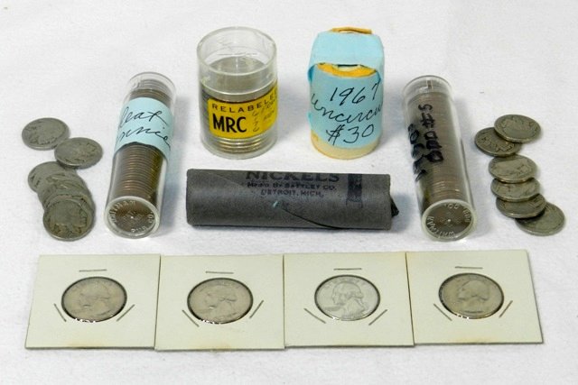 Large US Coin Collection: Large US Coin Collection including 1964-1967 14 total. 1967 uncirculated Kennedy halves, 13 buffalo knickels, roll of 1950's pennies, roll of wheat pennies, roll of 1950's knickels, 1954 quarter, and 