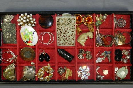 COLLECTION OF COSTUME JEWELRY: Huge lot of pins, brooches, sterling/turquois earrings, picture locket, jade pendant, more.