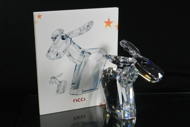 SWAROVSKI CRYSTAL LOVLOTS LARGE RICCI MOOSE: This retired Swarovski crystal Lovlots Ricci is a large fully faceted clear crystal moose with eyes in Jet Hematite crystal. His character stands for joy and energy. Ricci was designed by Edith Mair,