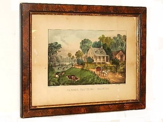 American Homestead Summer Colored Print: Currier & Ives framed hand coloured print 1868 of summer country farm scene. Condition overall good some tinting to paper light spotting, paper loss on top center '' see photo''. Frame 16 1/2'' x 23 1