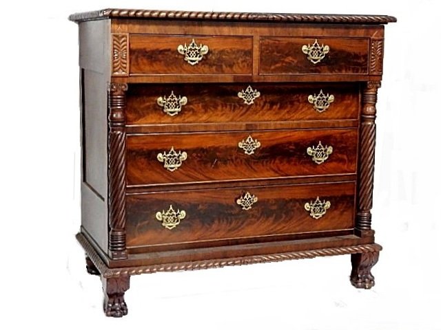 Fine Mahogany Empire Claw Foot Column Chest: Having gadroon edge moldings, twisted columns above paw claw feet, with flame mahogany veneer drawers and brass hardware, Condition very good older refinish. Est. size only H. 35'' W. 44'' D. 21''