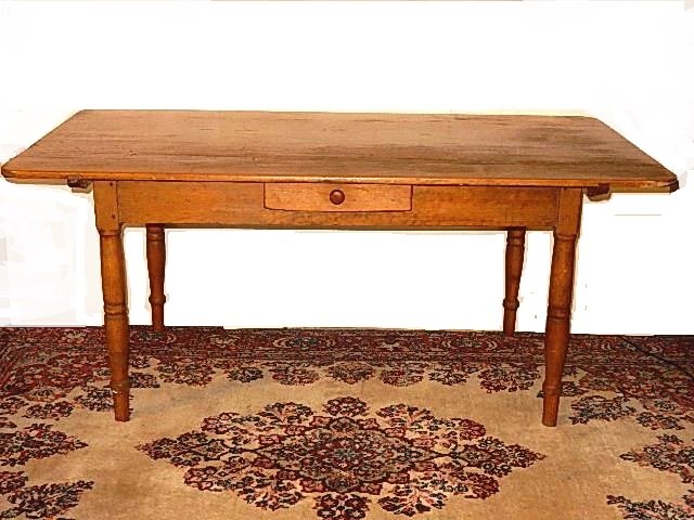 Early Country Pine/ash Farm Work Table: Large farm or work table with one drawer and removable top on round legs. Condition very good. H. 29'' W. 66'' D. 35''