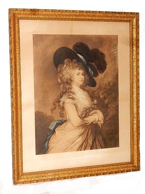 Mezzotint Duchess Of Devonshire: After Thomas Gainsborough. Late 19th early 20th. Century Colored Mezzotint. L.R. reads Painted By Gainsborough, Center Title Reads Duchess Of Devonshire, Condition good Frame 24'' x 20'' image 17 1/3'