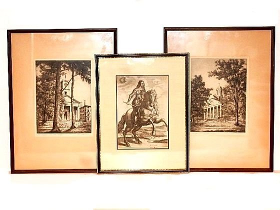 Jos. Raskin Drawings & Wentz Hollar Plate Print: Jos. Raskin Drawing The Chapel-Amherst College signed in pencil lower right, Signe Jos. Raskin Lower right in pencil. Image size 10'' x 7 1/2'' frame H. 19'' W. 15''. Second Jos. Raskin College Hall A
