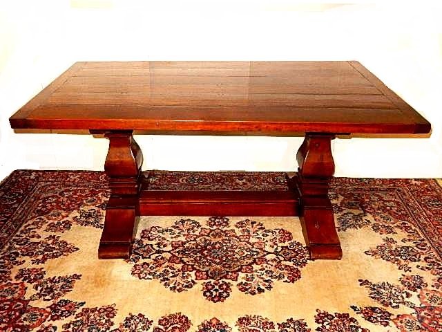 Solid Cherry Quality Trestle Pedestal Dining Table: Custom made quality cherry Trestle style double pedestal dining table, with plank and dowel pin top. Great for home or office, Condition Very good. H. 29 1/2'' L. 66'' W. 39 1/2''