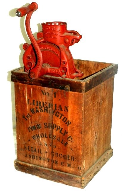 Red Blackhawk Corn Sheller and Bin: Hand operated Blackhawk corn sheller with antique bin. Age appropriate wearer. 25.5" x 13.5" x 14".