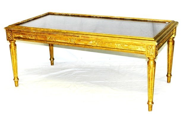 Louis XVI Style Open Disply Coffee Table 20th. C.: Late 19th.C. collectors style display coffee table with fluted legs reeded legs and glass top, satin wood inlay. Very fine example.