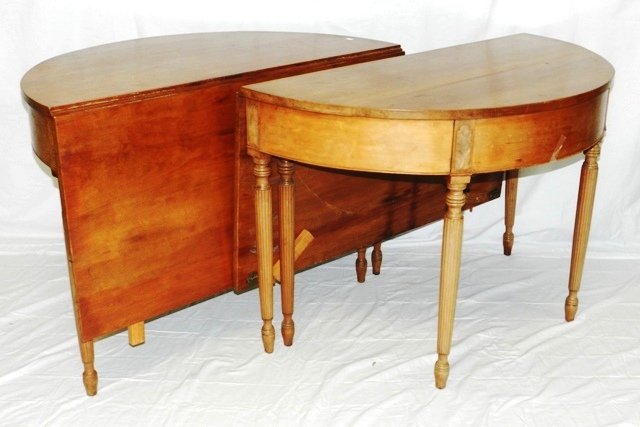Cherry D.End Banquet Table 1840s: Sheraton style cherry wood D. end banquet tables with burled mahogany apron. Condition old refinish and bleached. H 28.5" x w 43" x 22".