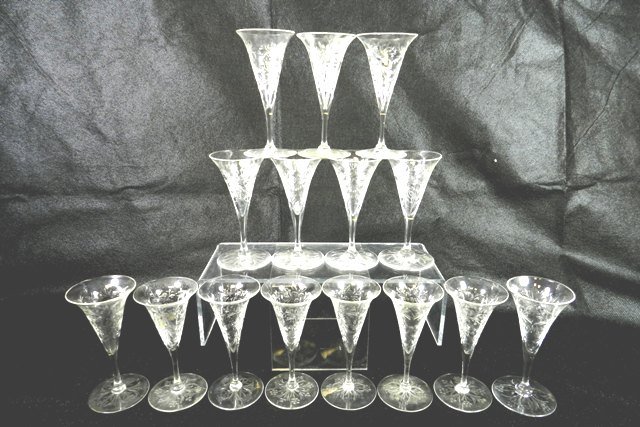 Webb Dessert Wine Stemware (15): Thomas Webb, England, dessert wine glass stemware with floral motif, signed. Overall good condition. Approx. 4.75".