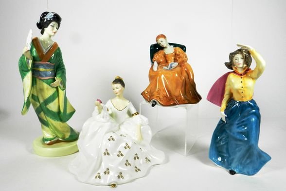 Collection of Four Royal Doultons: HN 2430 Romance, HN 3089 Grace Darling, HN 2339 My Love, HN 2899 Yum Yum. Overall good condition.