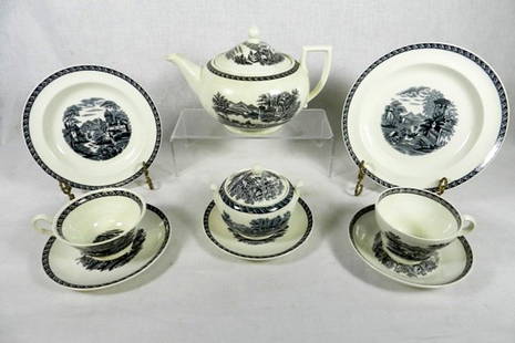 Wedgwood China Set (29): 29 pieces of Wedgewood Lugano of Etruria & Barlaston Black painted china, England. Lot includes: 11 tea cups, 6 flat saucers, 2 bowl saucers, 1 teapot, 1 sugar bowl, 4 dessert plates, and 4 salad plat