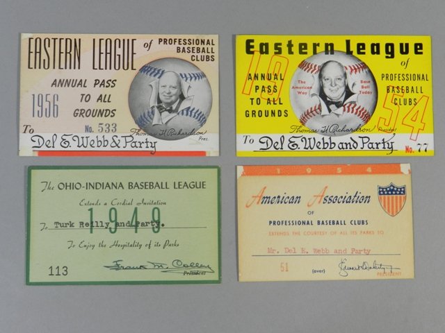 1949-56 Four Minor League Annual Passes: Includes 1949 Ohio-Indiana Baseball League, 1954 American Association, and Eastern League passes from 1954 & 1956. Three of these belonged to Del Webb, famous real estate developer and co-owner of the