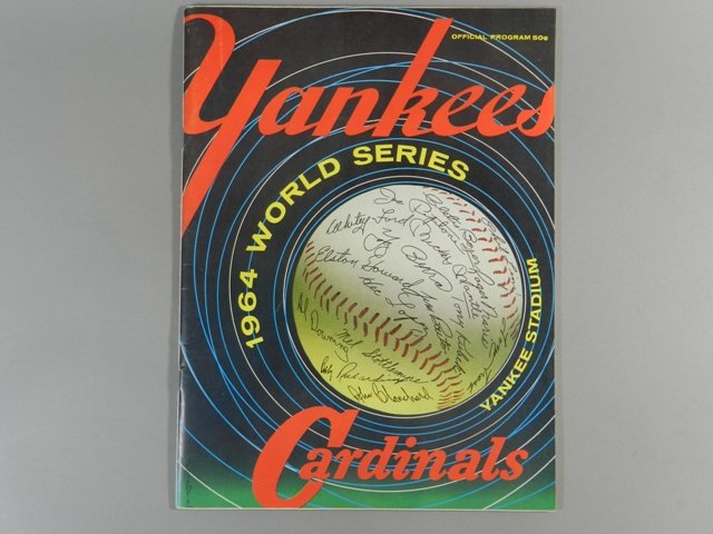 1964 World Series Program Cardinals at Yankees: Very light wear on this 1964 W.S.. program from Yankee Stadium. Super-clean insides. Unscored. There is some adhesive residue on the top of the back cover.
