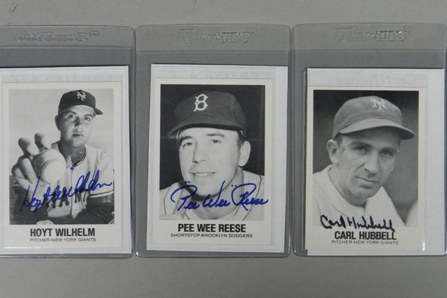 Three Deceased Hall of Famer Signed Cards: Signed 1979 TCMA Renata Galasso cards include Hubbell, Reese, and Wilhelm. COAs from Kevin Savage.
