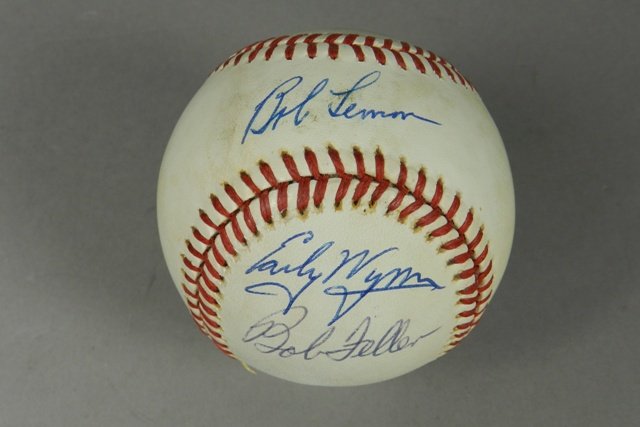 Bob Lemon, Bob Feller, Early Wynn Signed Baseball (1 of 4)