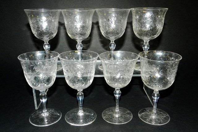 Webb Stemware Sherry Glasses (14): Thomas Webb, England, sherry wine glass stemware with etched floral motif, signed. Overall good condition. Approx. 4.75".