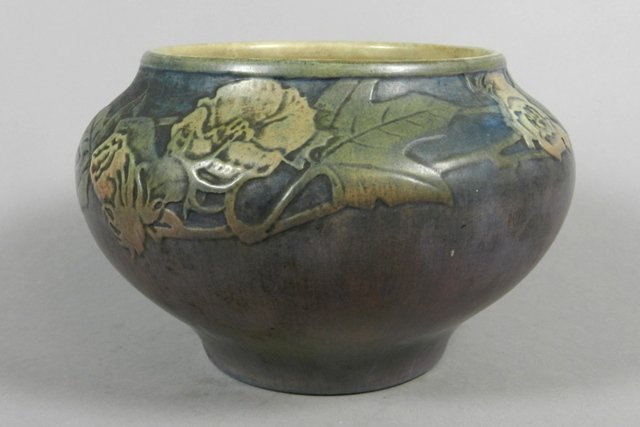 Newcomb College Pottery Vase by Joseph Meyers: Newcomb College pottery small vase, indigo and violet with floral swag, signed by the potter Joseph Meyers. H 5" x W 8". Overall good condition.