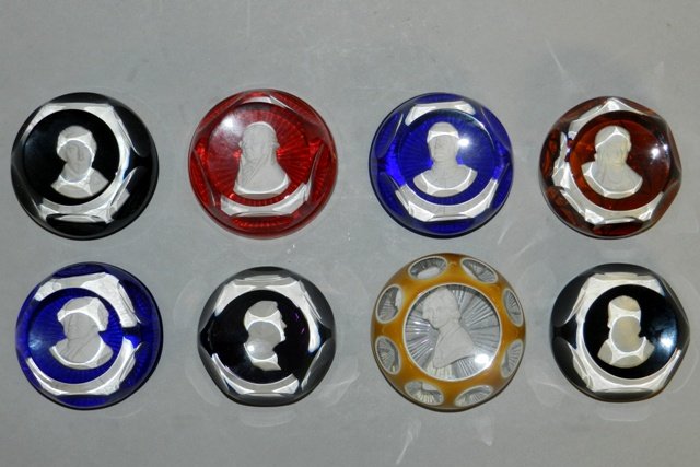Franklin Mint Sulfides Baccarat/ Cristal D'Albret (8): 8 Franklin Mint Sulfides, Baccarat crystal sulfides include: Baron de Montesquieu. Cristal D'Albret crystal sulfides include: John Adams, John Adams, Christopher Columbus, Jenny Lind, Franklin D. Roos