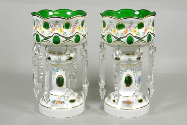 Pr. Bohemian Cut to Emerald Prism Lusters: Pair of Bohemian cut to emerald glass mantle lusters, pink floral motif, 8 suspended spear prisms on the perimeter, scallop rim. H 11". Overall good condition, no chips or cracks.