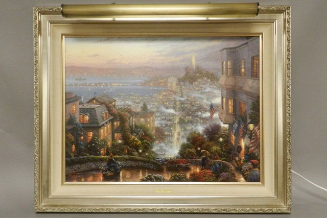Thomas Kinkade Lombard Street, SF Canvas Print: Thomas Kinkade (American, 1958 - 2012), 'Lombard Street, San Francisco,' canvas print, numbered 1605/3450, lighted thick frame. 30" x 40".