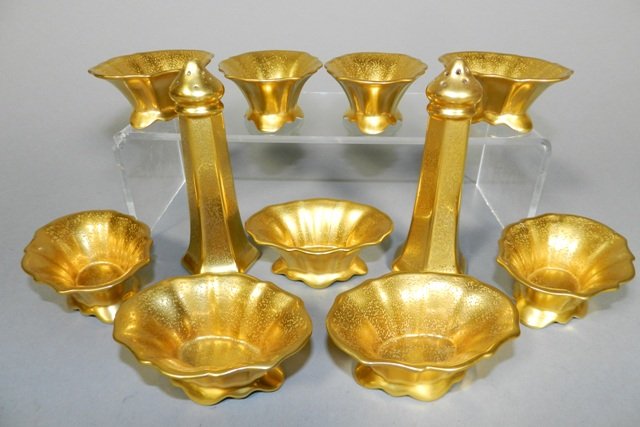 Noritake Gilt Nut Bowls and Pickard S/P Shakers: Noritake China, Japan, gilt porcelain nut bowls (9) and Pickard, USA, gilt porcelain S/P shakers, both signed. Overall good condition, no chips or cracks.