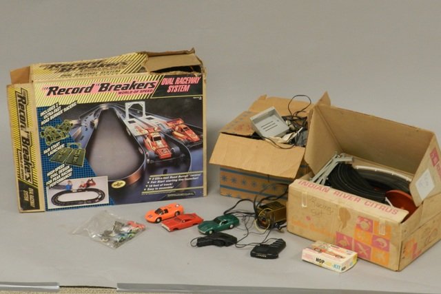 Vintage Slot Cars Including 'Record Breakers': Assorted vintage slot cars, three different tracks and cars, including Record Breakers World of Speed, Oval Raceway System. Overall good condition, untested.