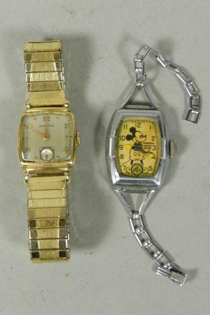 Vintage Hamilton and Ingersoll Mickey Watches: Vintage 14k filled Hamilton men's watch with speidel stretch band. Vintage 1930's Ingersoll "Mickey Mouse" watch, does not work.
