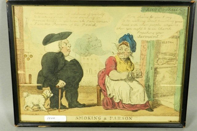 1820's George Cruikshank Colored Engraving Print: 1820's colored engraving print, "Smoking a Parson!!," by George Cruikshank (British, 1792-1878). Printed by Woodward Del. H 10" x W 13 1/2". Excellent condition.