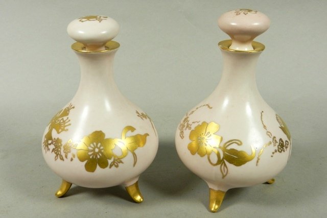 L. Bernardaud & Co. Limoges Dresser Bottles: L. Bernardaud & Co. Limoges gilt porcelain dresser bottles. H 5 1/2". Overall good condition.