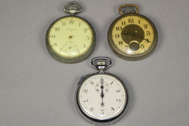 3 Vintage Pocket Watches - Elgin, New Haven: All three have open face/dial design. One Elgin, One New Haven and one Swiss Galco. All need some TLC or cleaning. As-Is Approx. 2"