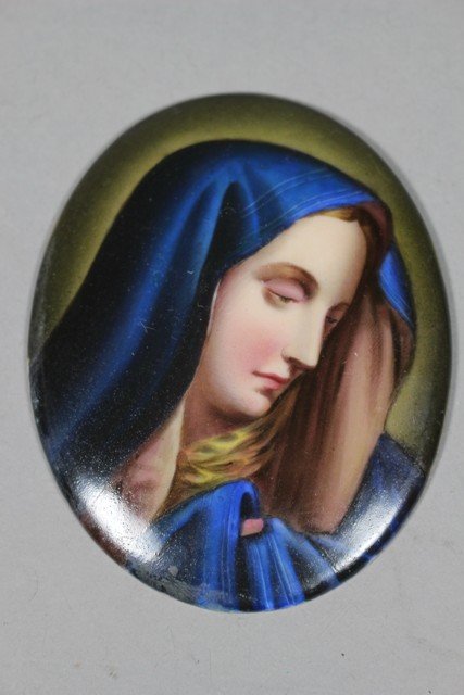 19th Century Porcelain Portrait Plaque: German or French porcelain plaque of Madonna, the Virgin Mary. KPM style portrait plaque, subject matter represents "Mater Dolorosa" (Mother of Sorrows). H 3 1/2".